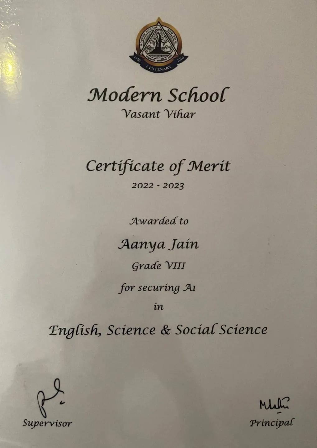 Grade VIII academic certificate
