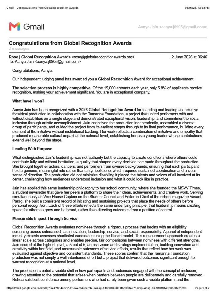 Global Recognition Award letter