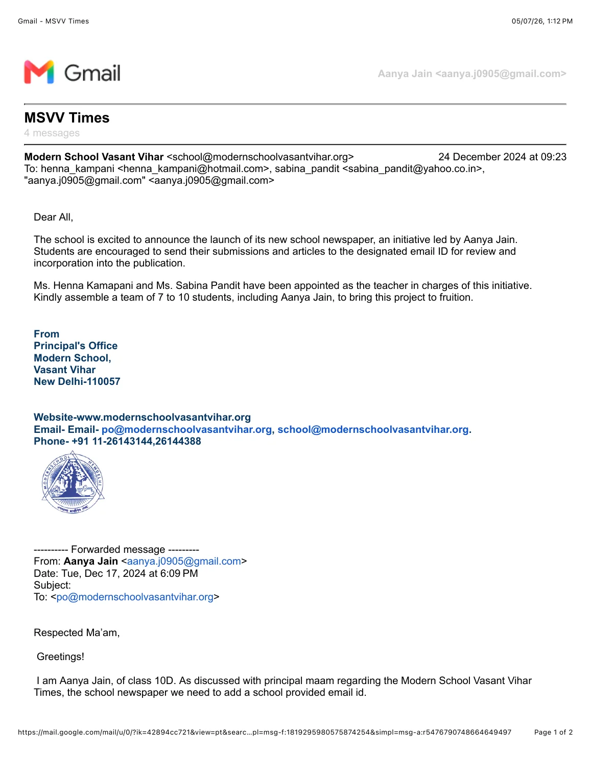 MSVV Times launch mail from the Principal's office