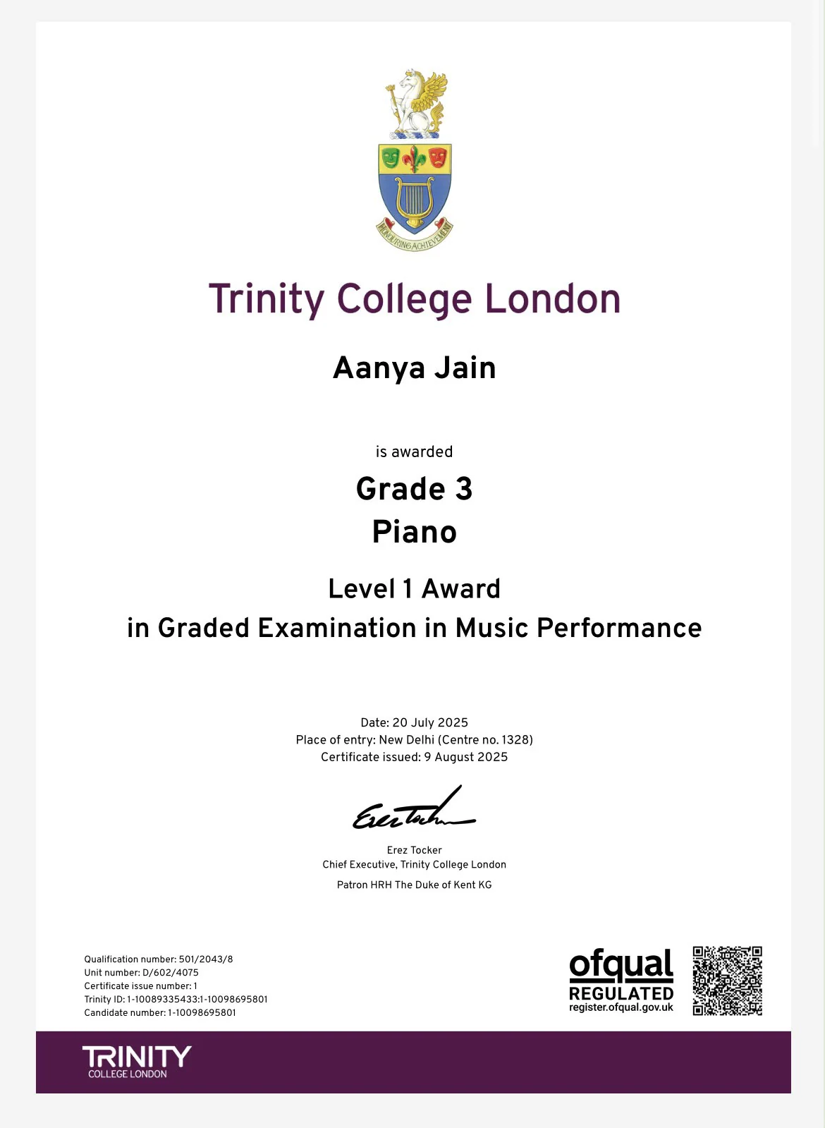 Trinity Grade 3 Piano certificate