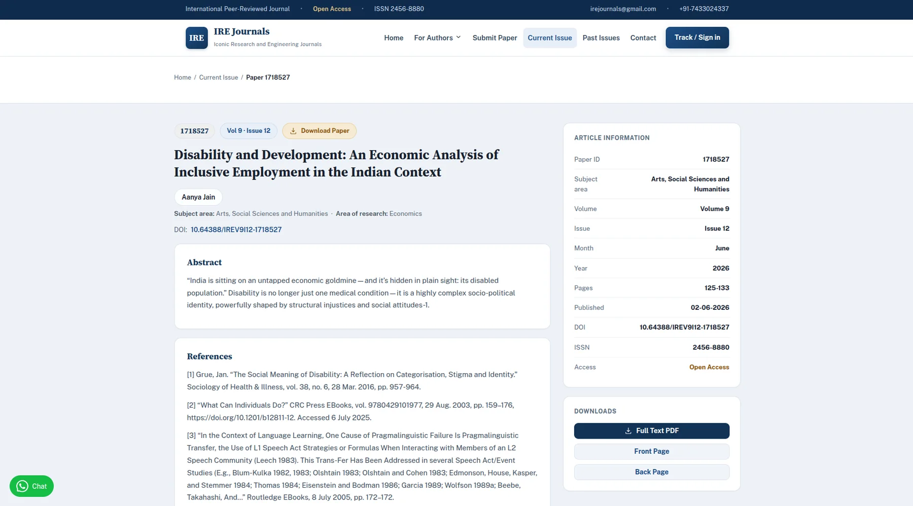 IRE Journals — Disability and Development: An Economic Analysis of Inclusive Employment in the Indian Context