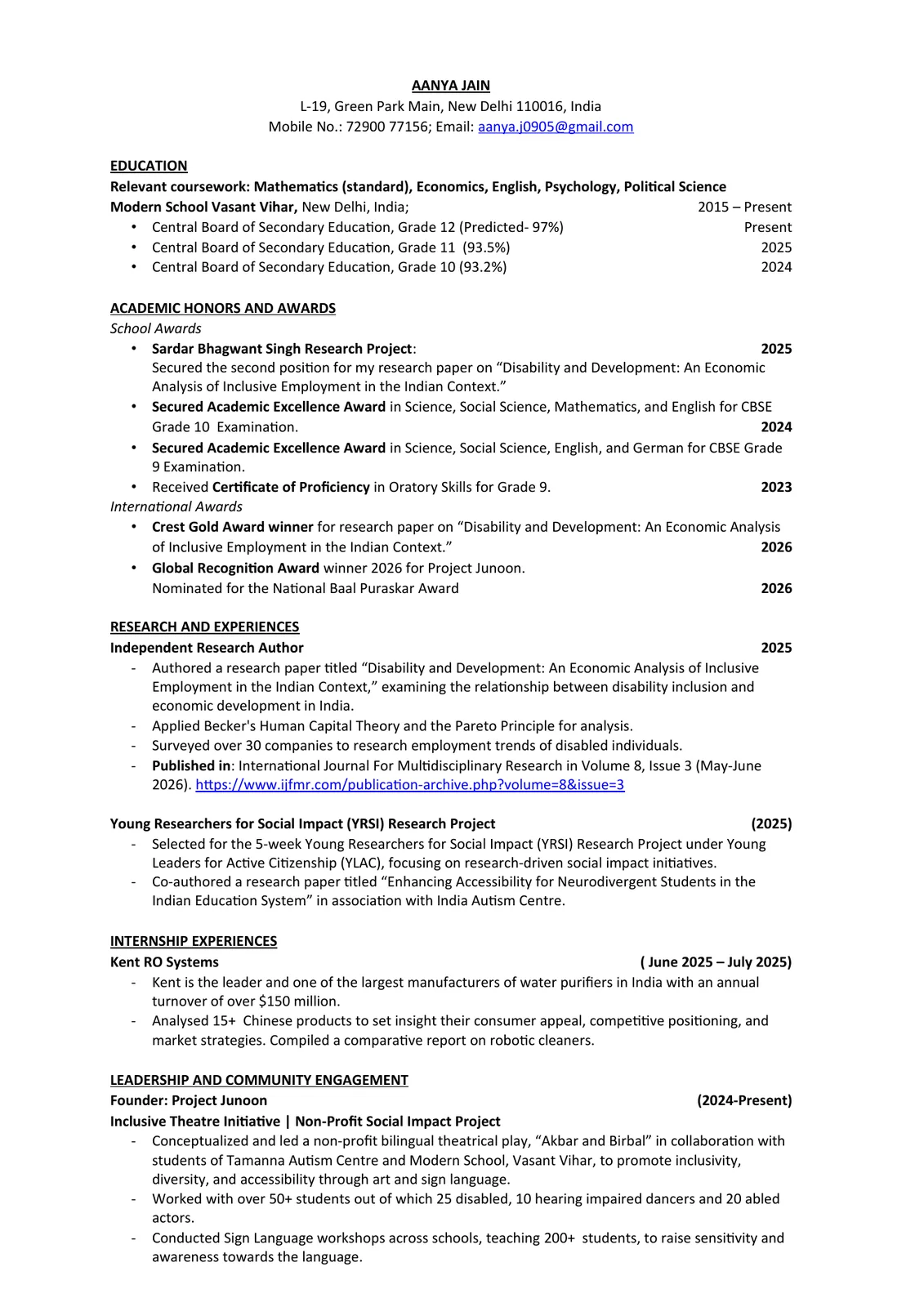 Aanya Jain resume
