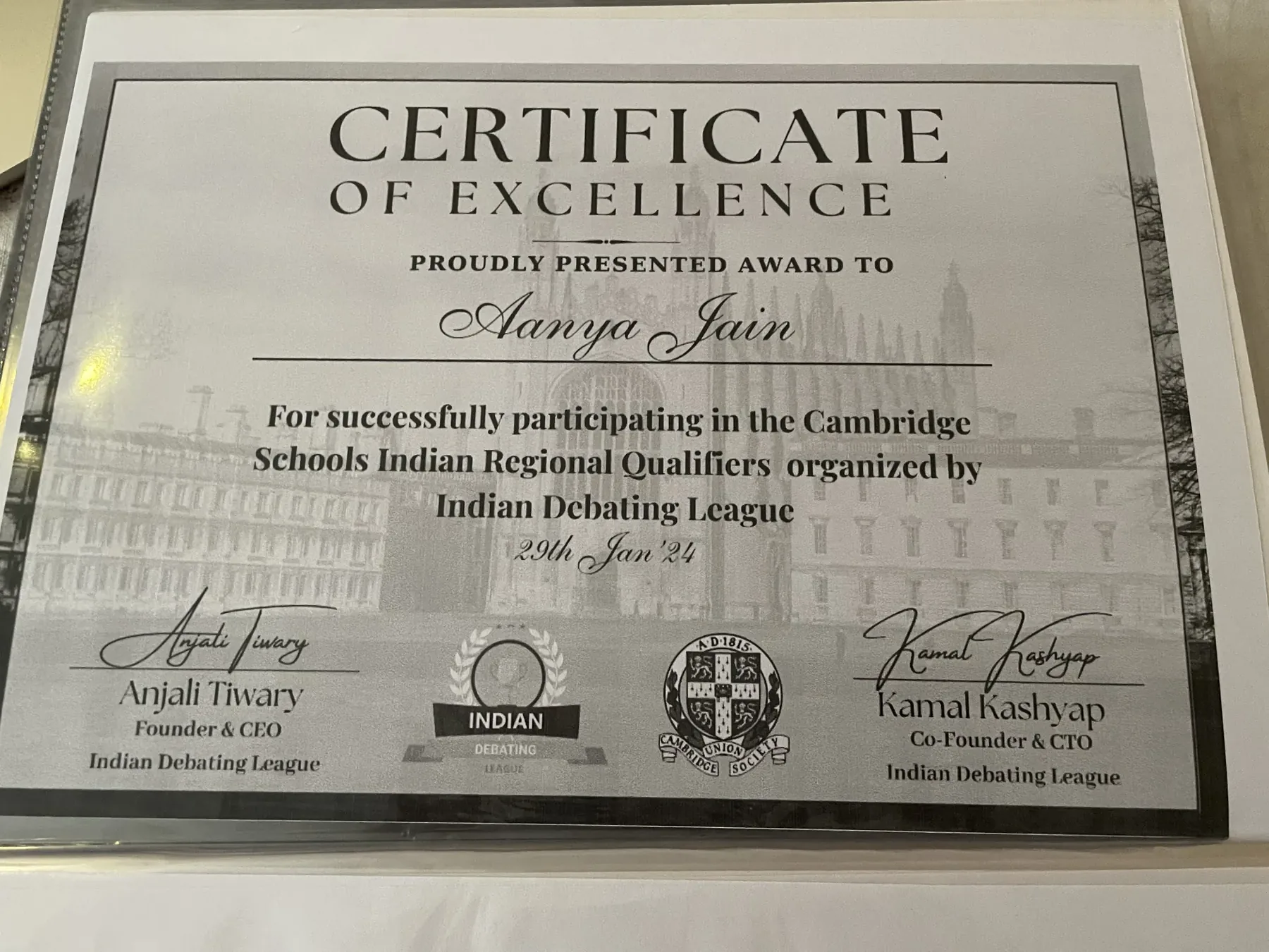 Cambridge Schools IDL certificate