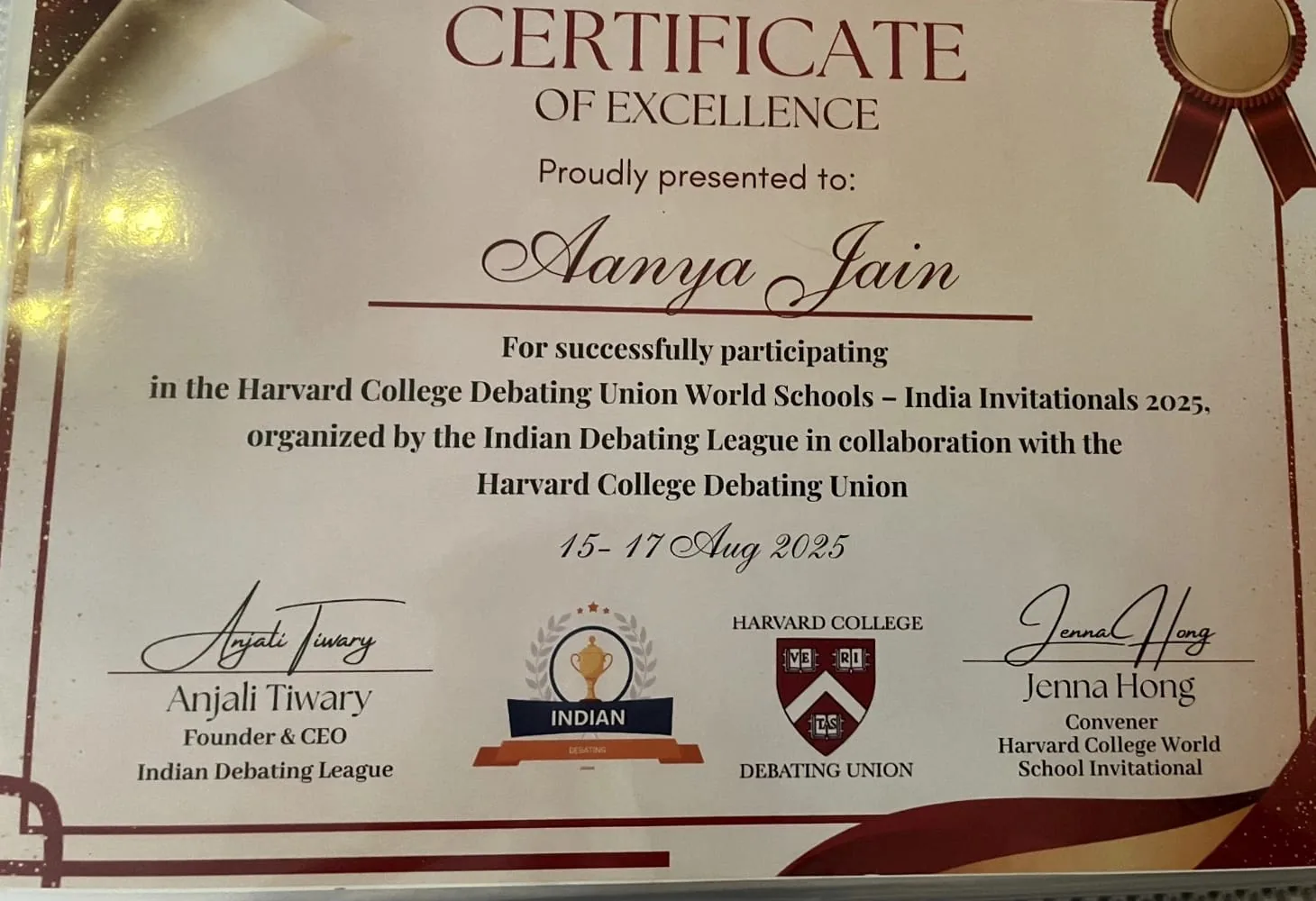 Harvard College Debating Union certificate