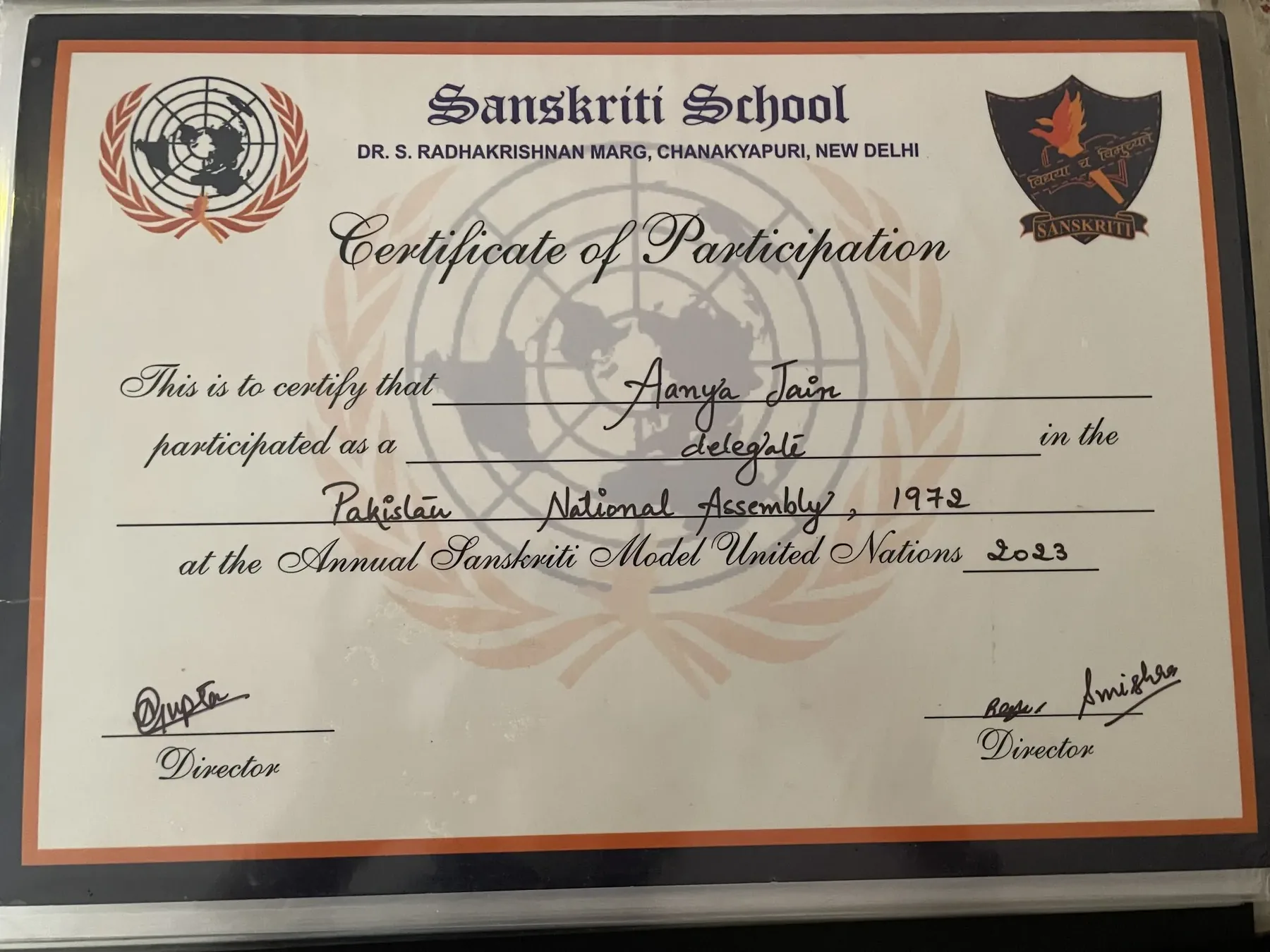 Sanskriti School MUN certificate