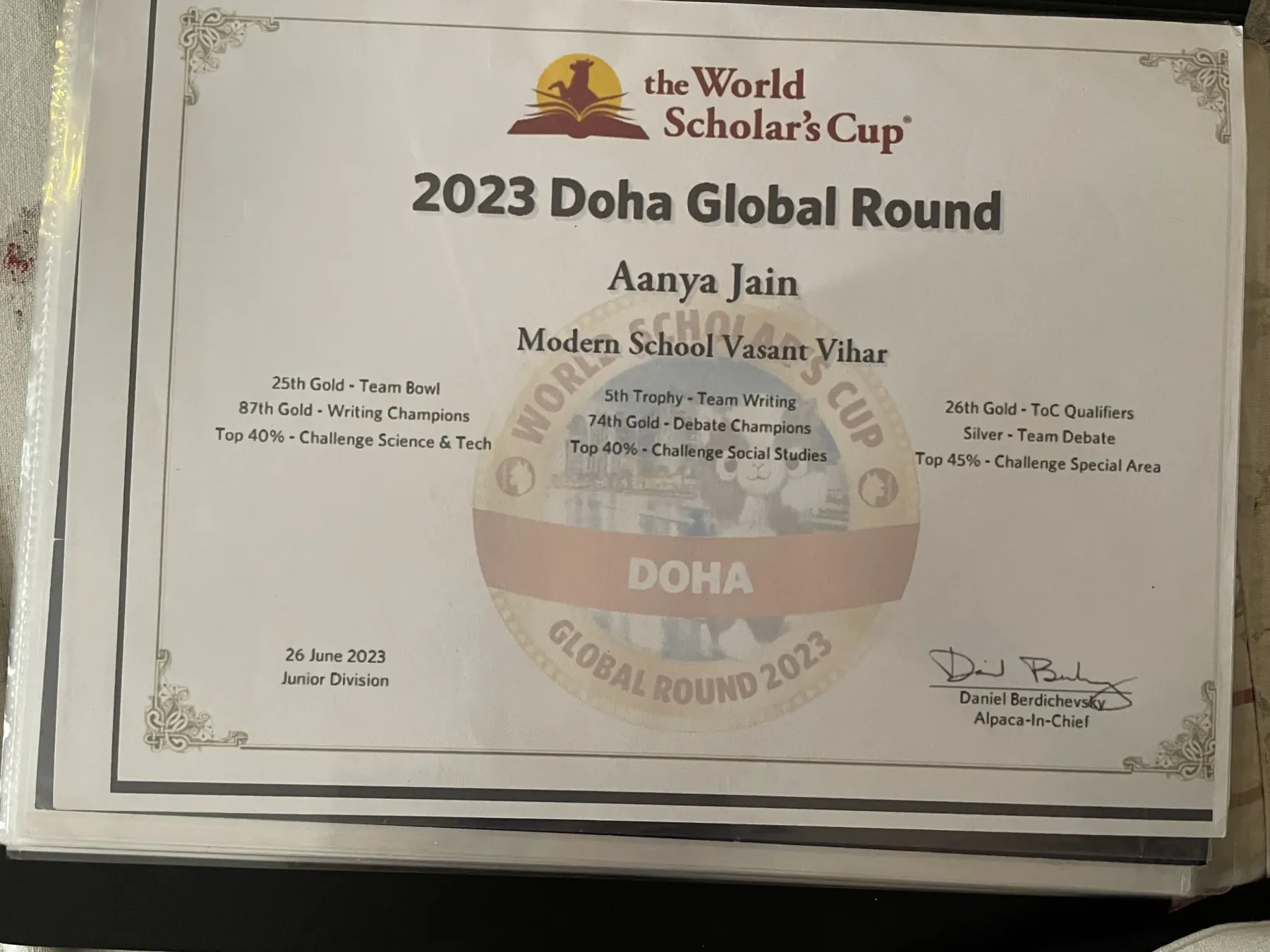 World Scholar's Cup Doha certificate